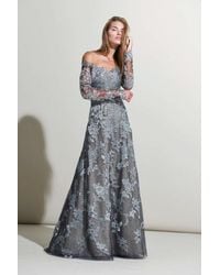Rene Ruiz - Off Shoulder Silver Sheer Long Sleeve Evening Gown - Lyst