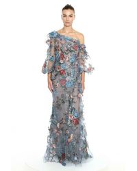 Marchesa One Shoulder Floral Applique Tulle Gown - Blue