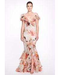 Marchesa Ruffled Floral Silk Gown - Multicolor