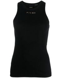 Pinko - | Top Distinto in cotone stretch con logo goffrato | female | NERO | XS - Lyst