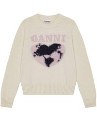 Ganni - | Maglione in lana con cuore e logo frontale | female | BEIGE | S - Lyst