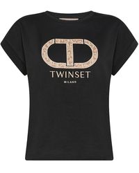 Twin Set - | T-shirt in cotone con stampa logo animalier | female | NERO | XL - Lyst