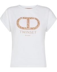 Twin Set - | T-shirt in cotone con stampa logo animalier | female | BIANCO | XS - Lyst