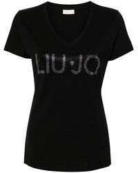 Liu Jo - | T-shirt in cotone con logo con strass | female | NERO | S - Lyst