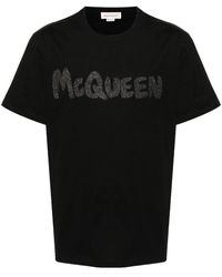 Alexander McQueen - | T-shirt in cotone con stampa logo frontale con strass | male | NERO | XL - Lyst