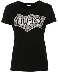 Liu Jo - | T-shirt in cotone con logo e stampa con strass | female | NERO | S - Lyst