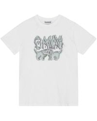 Ganni - | T-shirt in cotone con stampa logo e gatti | female | BIANCO | XS - Lyst