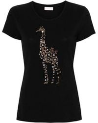 Liu Jo - | T-shirt in cotone stretch con stampa giraffa con strass | female | NERO | M - Lyst