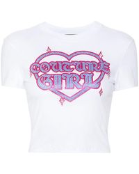 Versace - | T-shirt crop in cotone stretch con stampa con glitter | female | BIANCO | M - Lyst