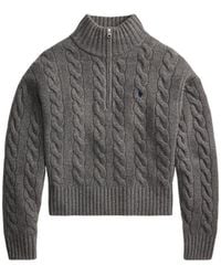 Polo Ralph Lauren - Cardigan Corto Grigio Con Zip E Collo Alto A Trecce - Lyst