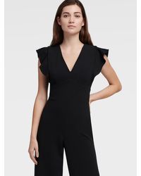 DKNY V-neck Ruffle Cap Sleeve Jumpsuit - Black