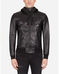 Dolce & Gabbana Leather Jacket With Hood And Branded Plate - Black
