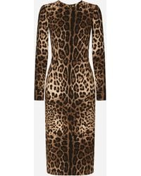 Dolce & Gabbana - Leopard-Print Cady Dress With Long Sleeves - Lyst