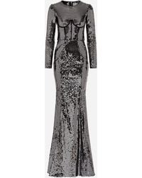 Dolce & Gabbana - Long Sequined Dress With Corset Detailing - Lyst