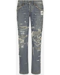 Dolce & Gabbana - Washed Denim Jeans With Studs And Rips - Lyst
