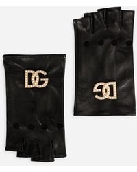 Dolce & Gabbana Gants en cuir nappa à logo DG en perles - Noir