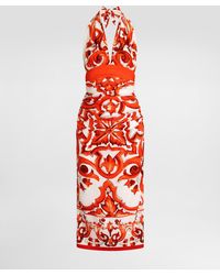 Dolce & Gabbana - Langes Kleid Aus Charmeuse Mit Majolika-Print - Lyst