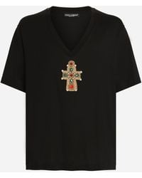 Dolce & Gabbana - T-Shirt Aus Baumwolle Mit V-Ausschnitt Und Patch - Lyst