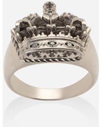 Dolce & Gabbana Anello Crown con corona in oro bainco e diamanti neri - Bianco