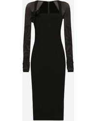Dolce & Gabbana - Jersey Calf-Length Dress With Tulle Sleeves - Lyst