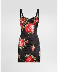 Dolce & Gabbana - Kleid Aus Satin Mit Rosenbouquet-Print - Lyst
