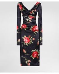 Dolce & Gabbana - Drapiertes Kleid Aus Satin Mit Blumenbouquet-Print - Lyst