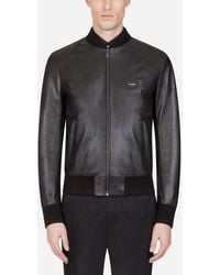 Dolce & Gabbana Leather Jacket With Branded Plate - Black