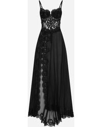 Dolce & Gabbana - Long Silk Chiffon And Chantilly Lace Slip Dress - Lyst