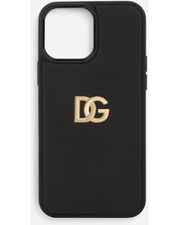 Dolce & Gabbana Cover iPhone 13 Pro Max aus Kalbsleder und DG-Logo - Schwarz
