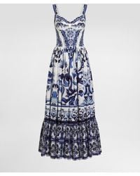 Dolce & Gabbana - Robe Bustier Mi-Longue En Popeline À Imprimé Majoliques - Lyst