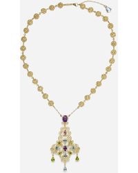 Dolce & Gabbana Pizzo Necklace In Yellow Gold Filigree With Amethysts, Aquamarines, Peridots And Morganite - Metallic