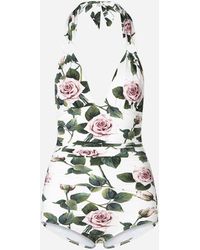 Dolce & Gabbana Tropical Rose Print Swimsuit With Rings And Plunging Neckline - Multicolour