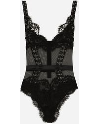 Dolce & Gabbana - Lace And Tulle Bodysuit With Lacing And Eyelets - Lyst
