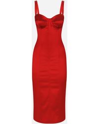 Dolce & Gabbana - Satin Calf-Length Dress With Corset Bustier - Lyst