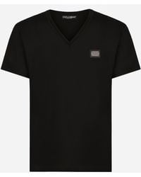 Dolce & Gabbana - Cotton V-Neck T-Shirt With Branded Tag - Lyst
