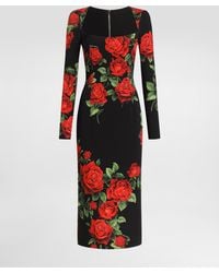 Dolce & Gabbana - Rose-Print Charmeuse Midi Dress - Lyst
