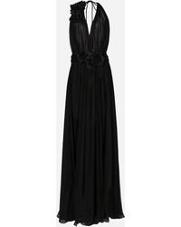 Dolce & Gabbana - Long Silk Chiffon Dress With Floral Appliqué - Lyst