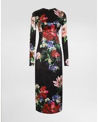 Dolce & Gabbana - Satin Calf-Length Round-Neck Dress With Floral - Lyst
