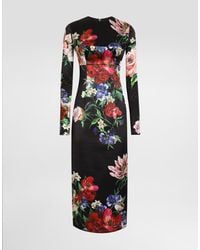 Dolce & Gabbana - Vestido Longuette De Raso Con Cuello Redondo Y Estampado De Flores - Lyst