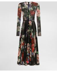 Dolce & Gabbana - Floral- Chiffon Calf-Length Dress With Circle Skirt - Lyst