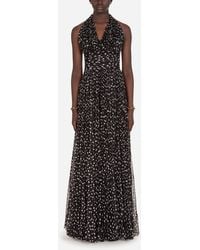 Dolce & Gabbana Long Dress In Polka-dot Print Chiffon - Black