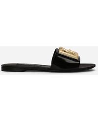 Dolce & Gabbana Capri Gold-plated Logo-plaque Patent-leather Sandals - Black