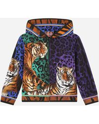 Dolce & Gabbana Zip-up Jersey Hoodie With Tiger Print - Blue