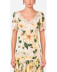 Dolce & Gabbana Camellia-Print Charmeuse Top With Lace Details - Mehrfarbig