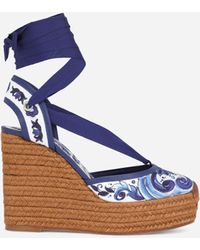 Dolce & Gabbana Rope-soled Wedges In Printed Brocade Fabric - Blue