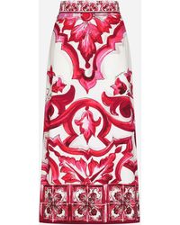 Dolce & Gabbana Majolica-print Charmeuse Calf-length Skirt With Slit - Red
