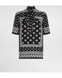 Dolce & Gabbana - Short-Sleeved Silk Blouse With Pussy-Bow And All-Over Dg Logo Scarf Print - Lyst
