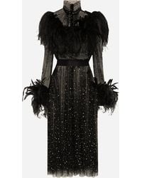 Dolce & Gabbana - Calf-Length Stretch Tulle Dress With Fusible Rhinestones And Rooster And Ostrich Feather Embellishment - Lyst