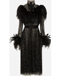 Dolce & Gabbana - Calf-Length Stretch Tulle Dress With Fusible Rhinestones And Rooster And Ostrich Feather Embellishment - Lyst