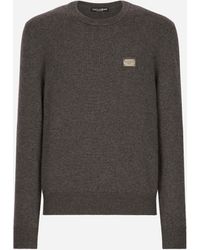 Dolce & Gabbana Wool Round-neck Sweater With Branded Tag - Gray